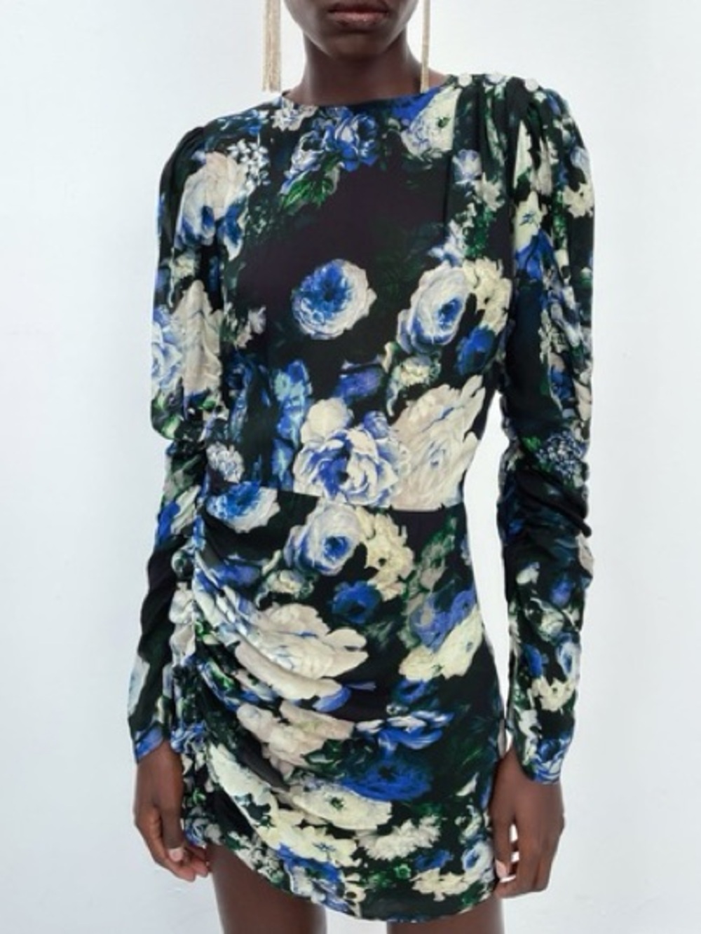 Zara Floral Print Mini Dress Long Sleeve Ruched Jewel Buttons Black Blue